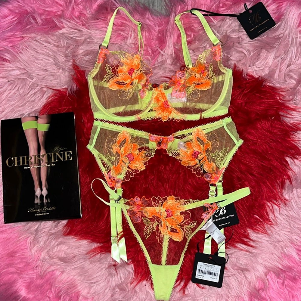 Honey birdette Christine 4pc neon 34D medium garter large thong medium stockings - Picture 4 of 11